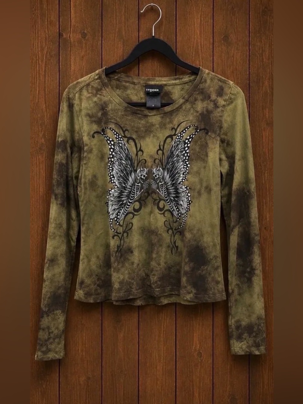 Thorn & Fable Butterfly Graphic Long Sleeve Top Green Whimsigoth Goth M